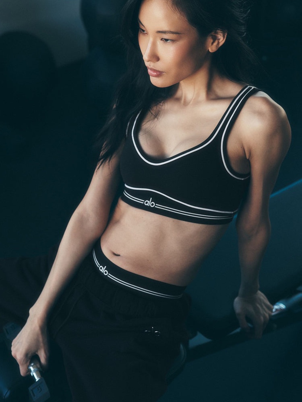 ALO Yoga Black Sports Bra with White Piping